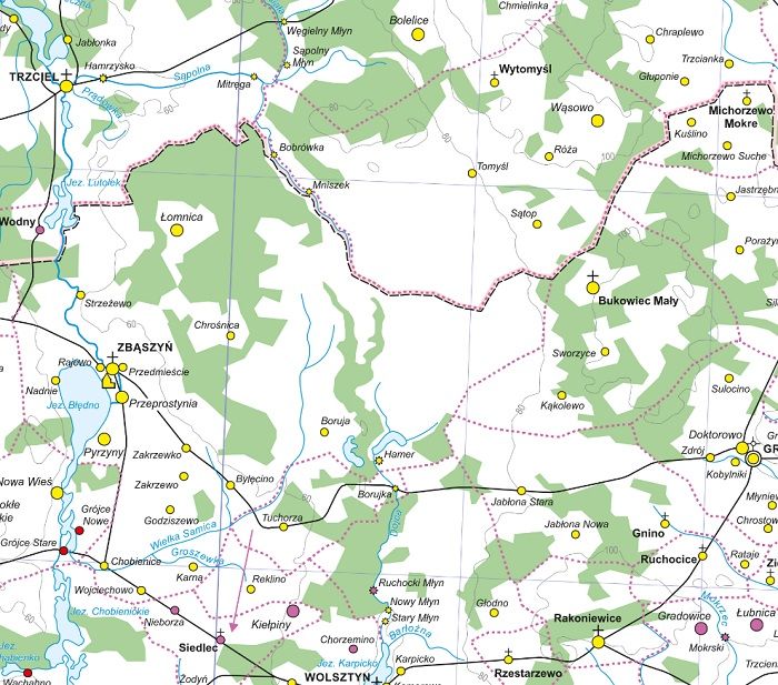 Fragment mapy prezentującej struktury osadnicze i granice jednostek administracyjnych na pograniczu powiatów kościańskiego i poznańskiego u schyłku XVI w. Docelowa skala mapy 1:250.000